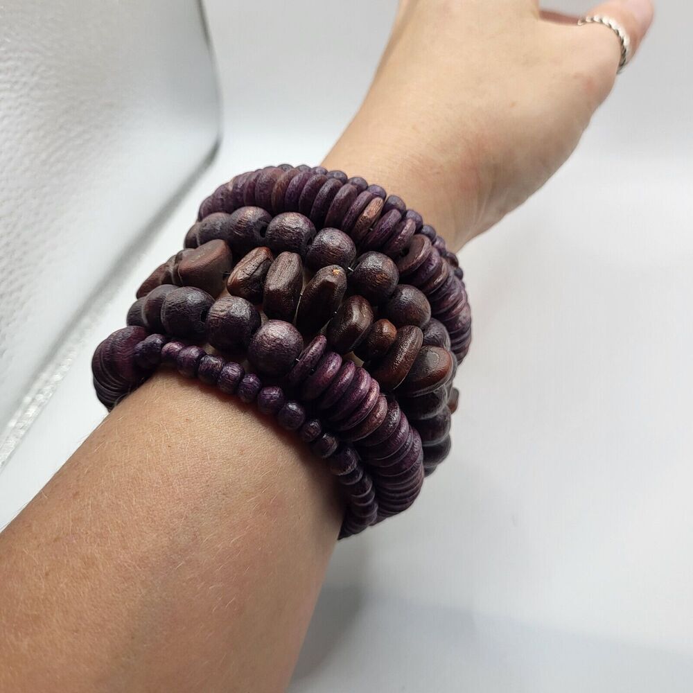 Wooden Bead & See Memory Wire Wrap Bracelet ~ Bohemian 50 in